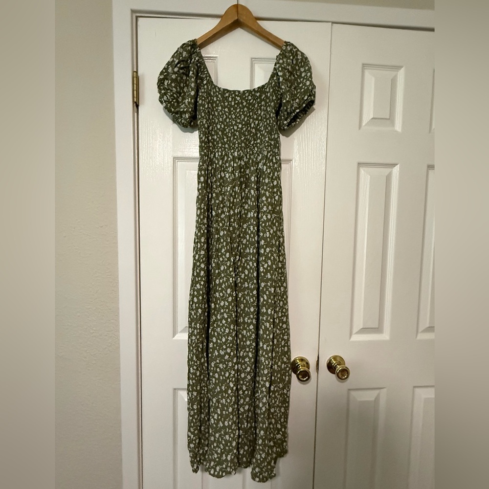 Lulus Strolls with You Olive Green Floral Print Puff Sleeve Maxi Dress